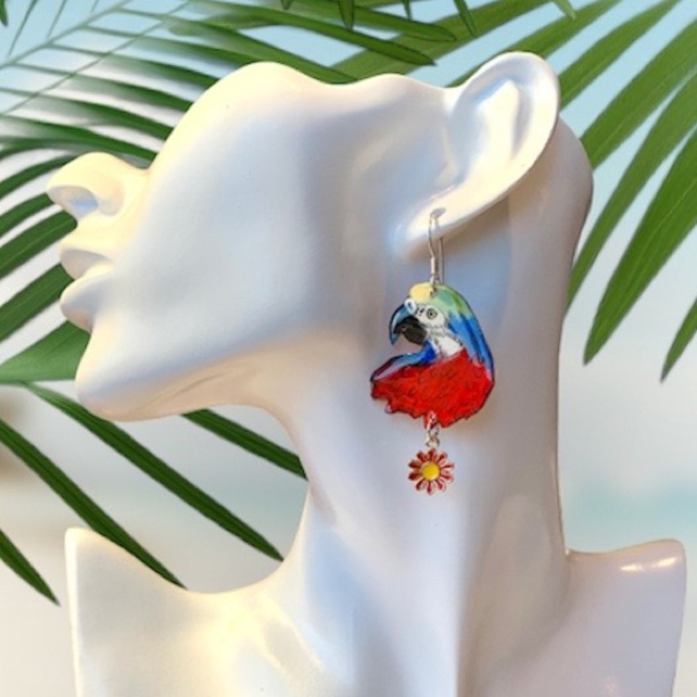 Handpainted Scarlet macaws earrings, sterling silver wire OOAK parrot birds